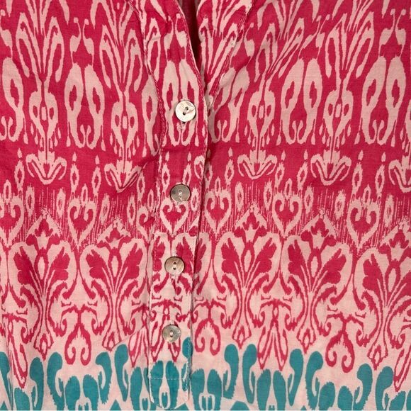 Chico's Ikat Cotton Print Rolltab Sleeve Pink Turquoise Blouse Top 1/ M - Picture 4 of 6